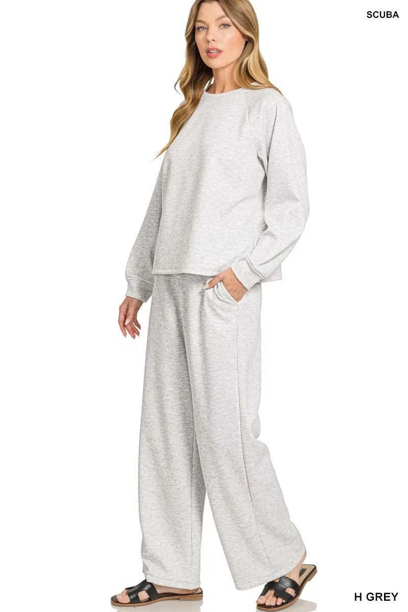 Zenana Heather Gray Scuba Crewneck Pullover and Pants Set