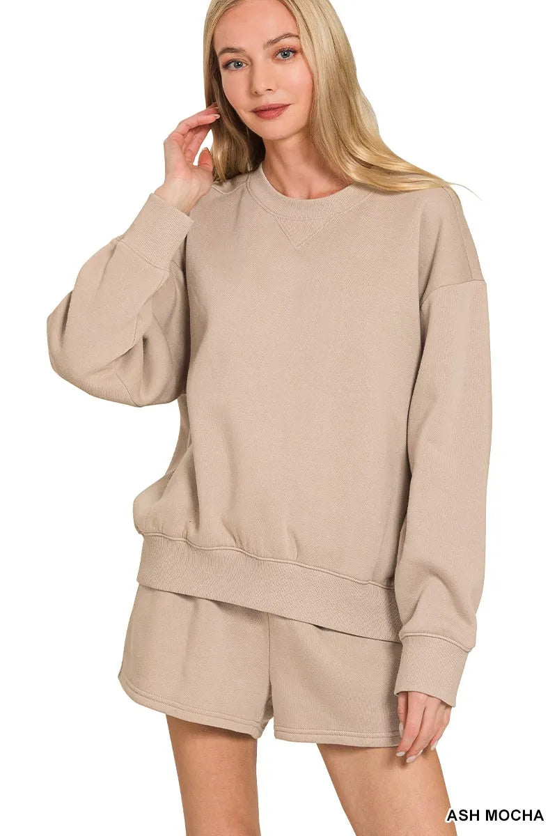 Zenana Ash Mocha Fleece Long Sleeve Sweatshirts & Shorts Set
