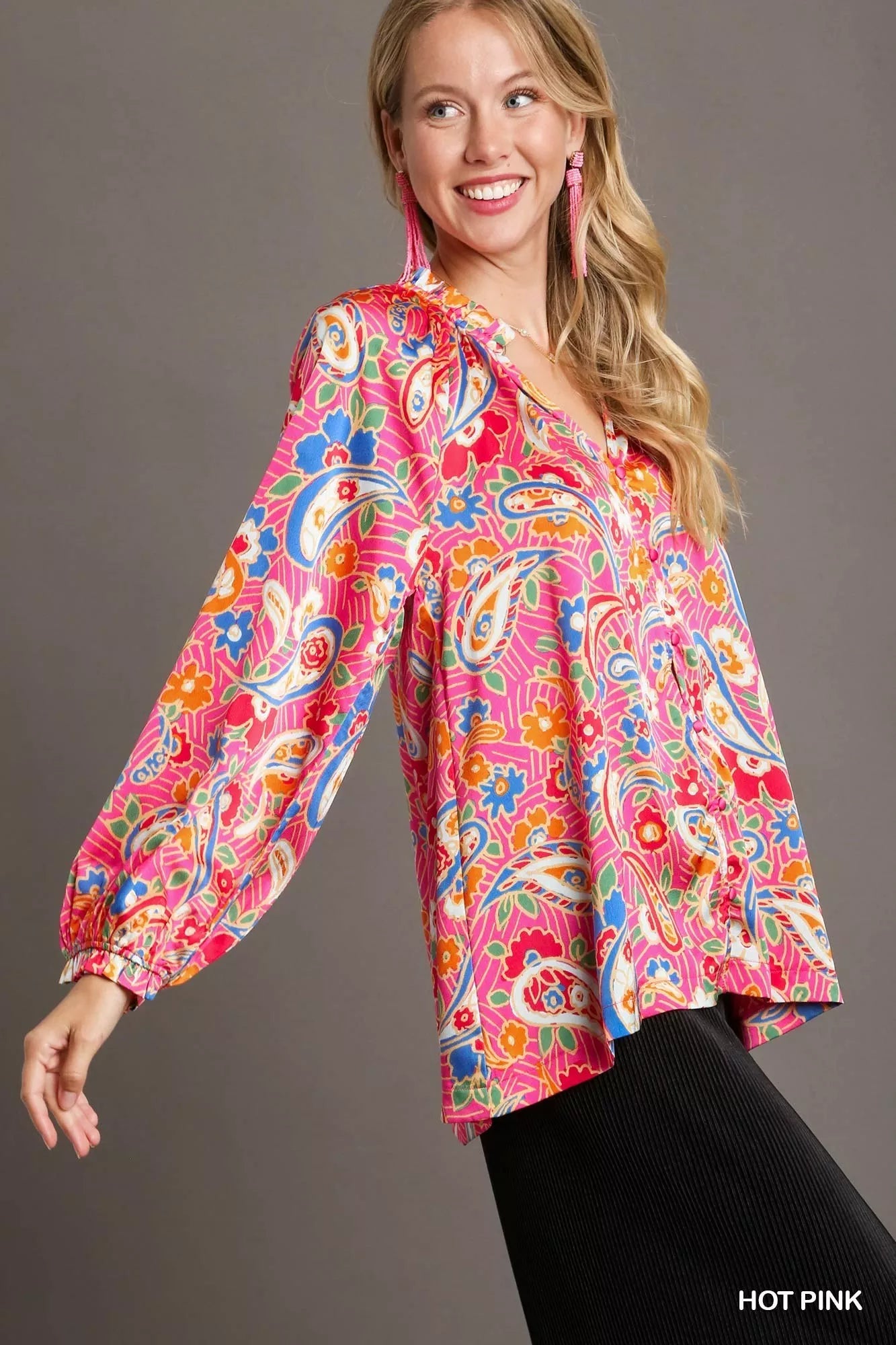 Umgee Hot Pink Satin Paisley FloralRuffle Neck Button-Up Blouse
