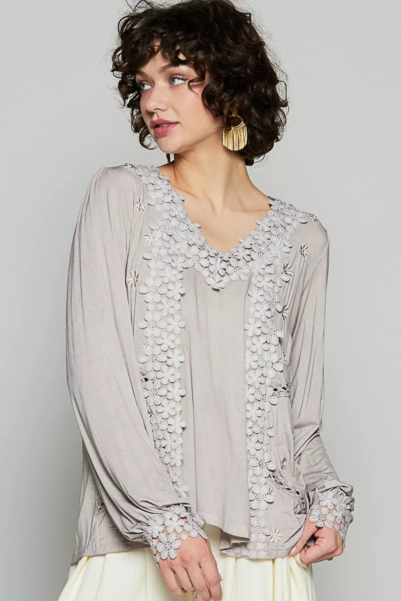 POL Romantic Taupe Floral Embroidery Woven Blouse with Lace Trim ROMANTIC TAUPE