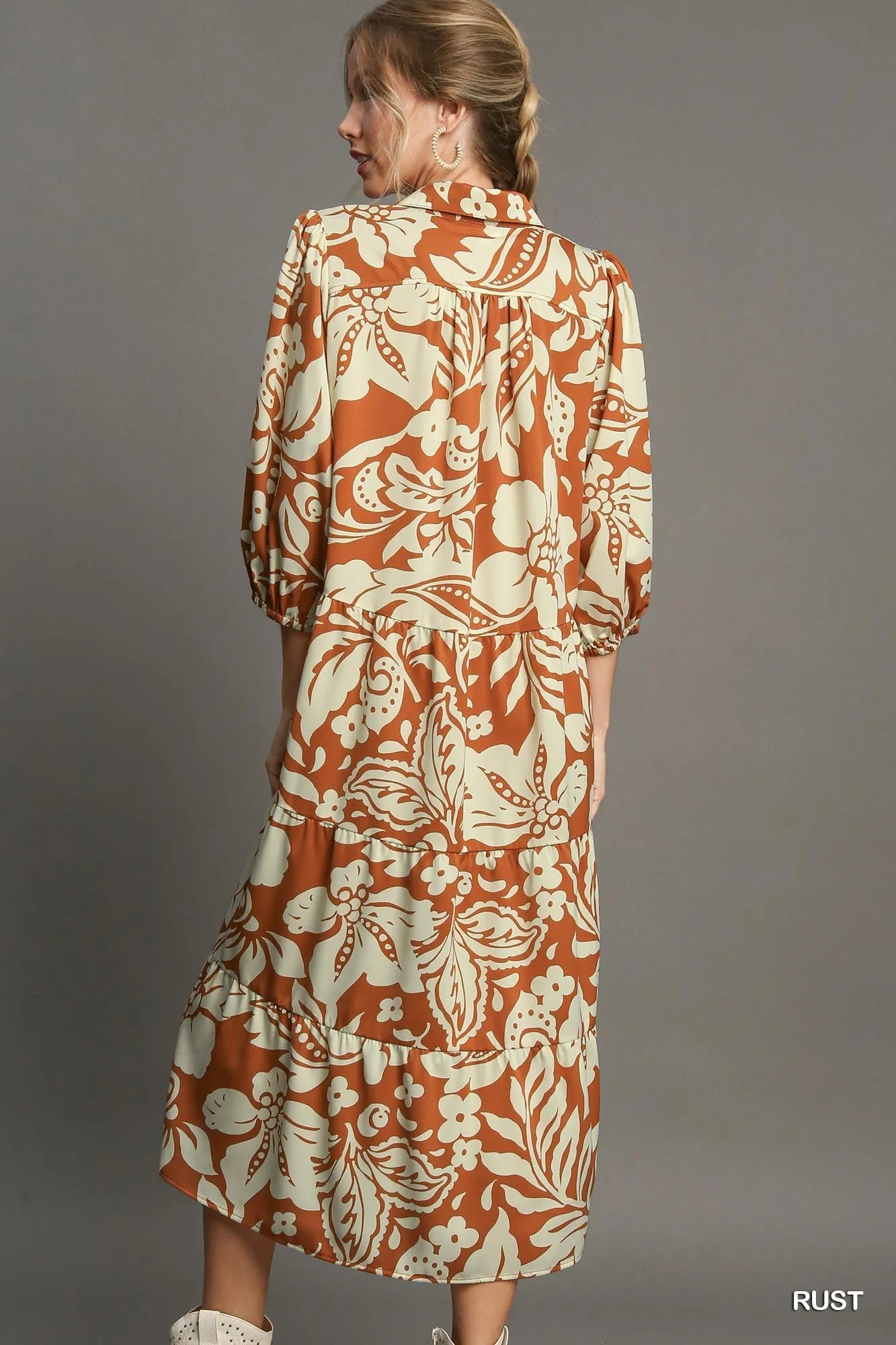 Umgee Rust Floral Tiered Midi Dress