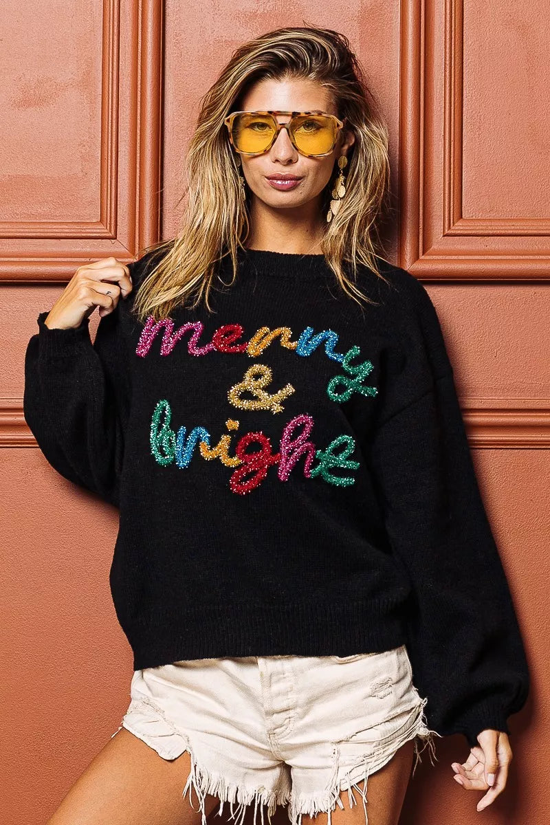 BiBi Black Tinsel Lettering Merry & Bright Christmas Sweater