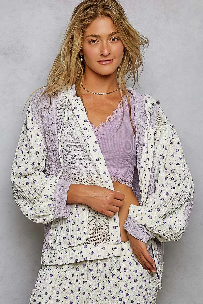 POL Lavender Floral Balloon Sleeve Hooded Lace Jacket with Stitch Detail