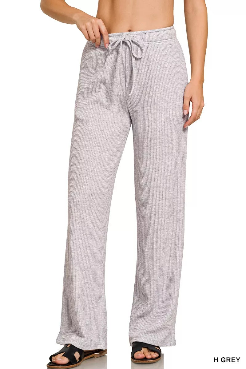 Zenana Heather Gray Ribbed Drawstring Lounge Pants H GREY