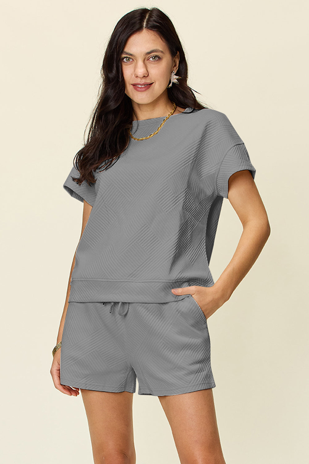 11 Colors- Double Take Quilted Textured Short Sleeve T-Shirt and Drawstring Shorts Set Gray Loungewear