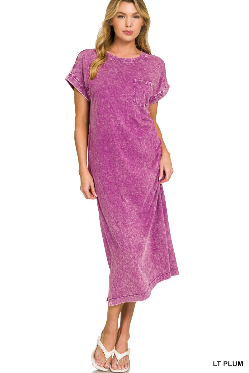 Zenana Light Plum Acid Washed Exposed Seam Short Sleeve T-Shirt Dress