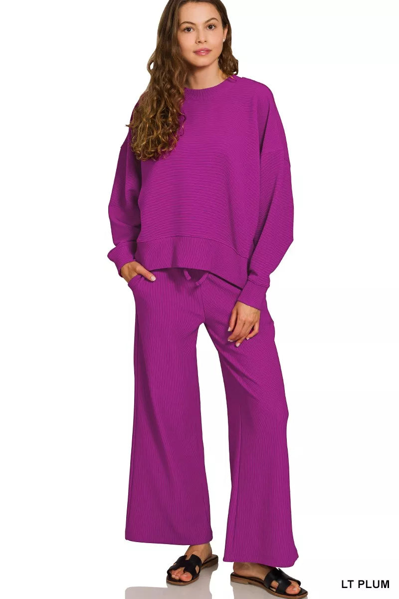 Zenana Light Plum Ribbed Round Neck Pullover and Drawstring Pants Set
