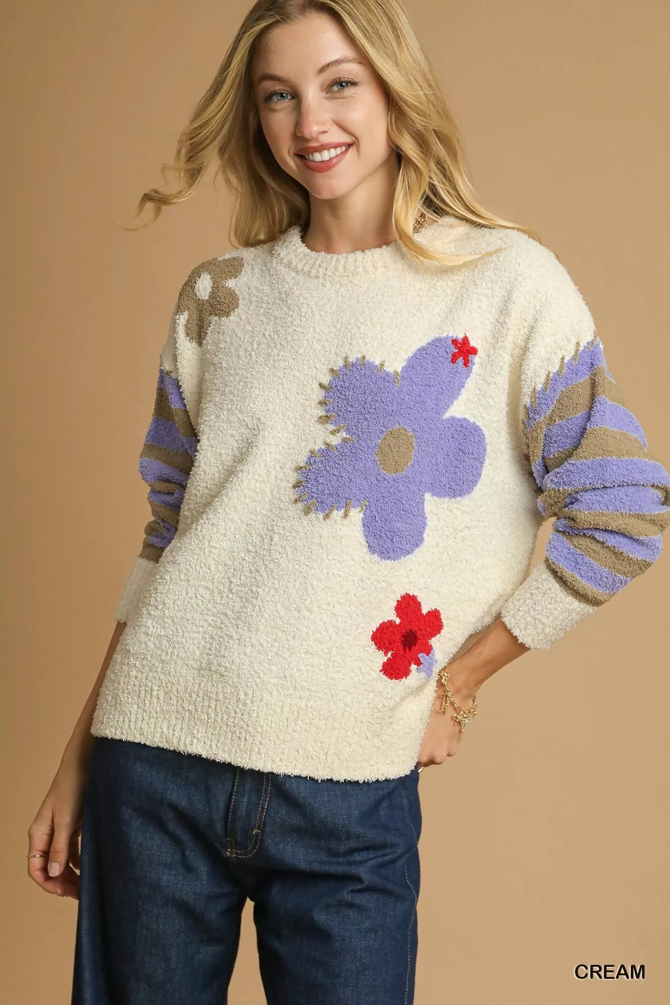Umgee Cream Flower Jacquard Striped Long Sleeve Sweater
