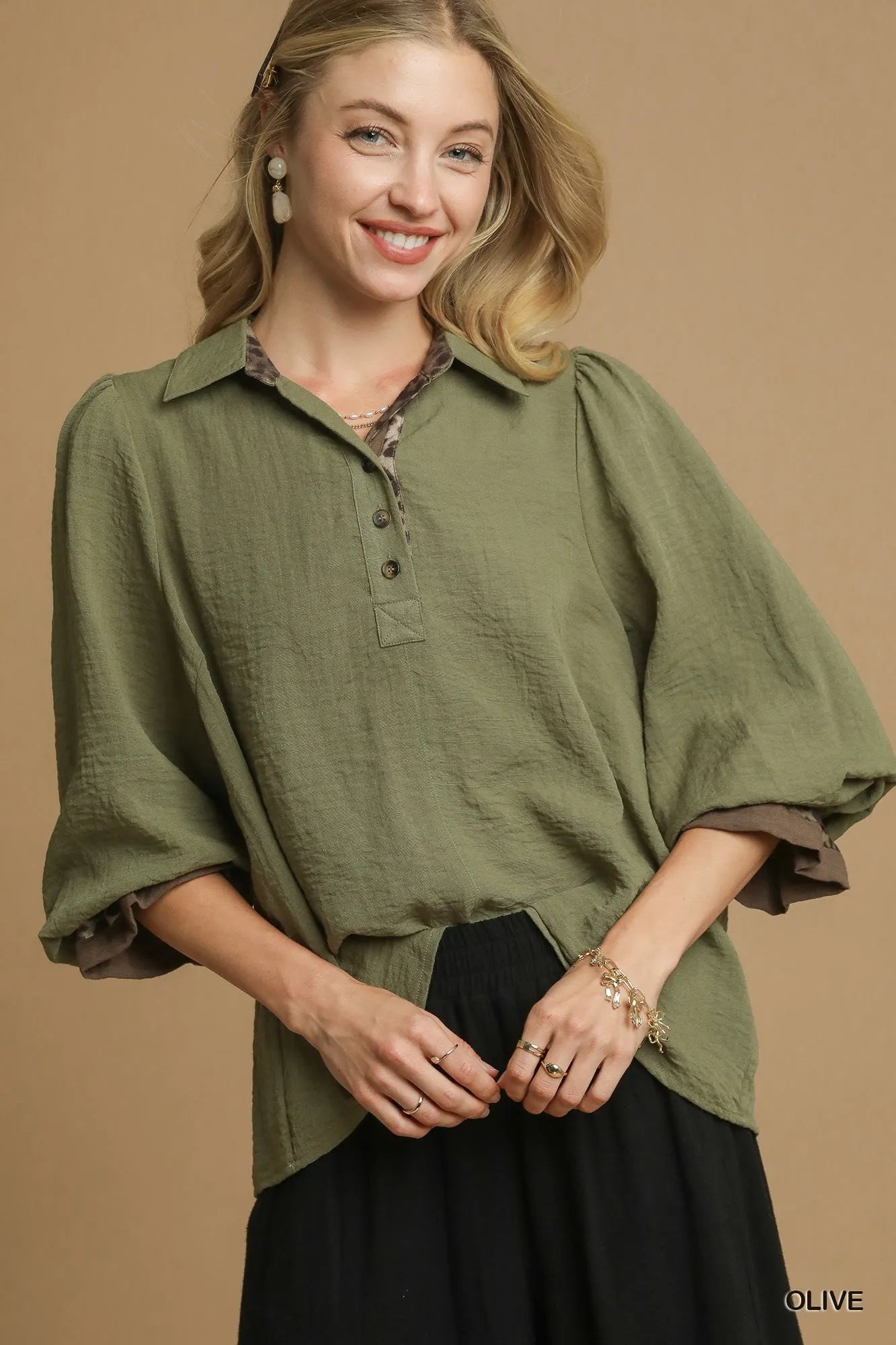 Umgee Olive Half Button Blouse with Leopard Print Trim Olive