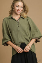 Umgee Olive Half Button Blouse with Leopard Print Trim Olive