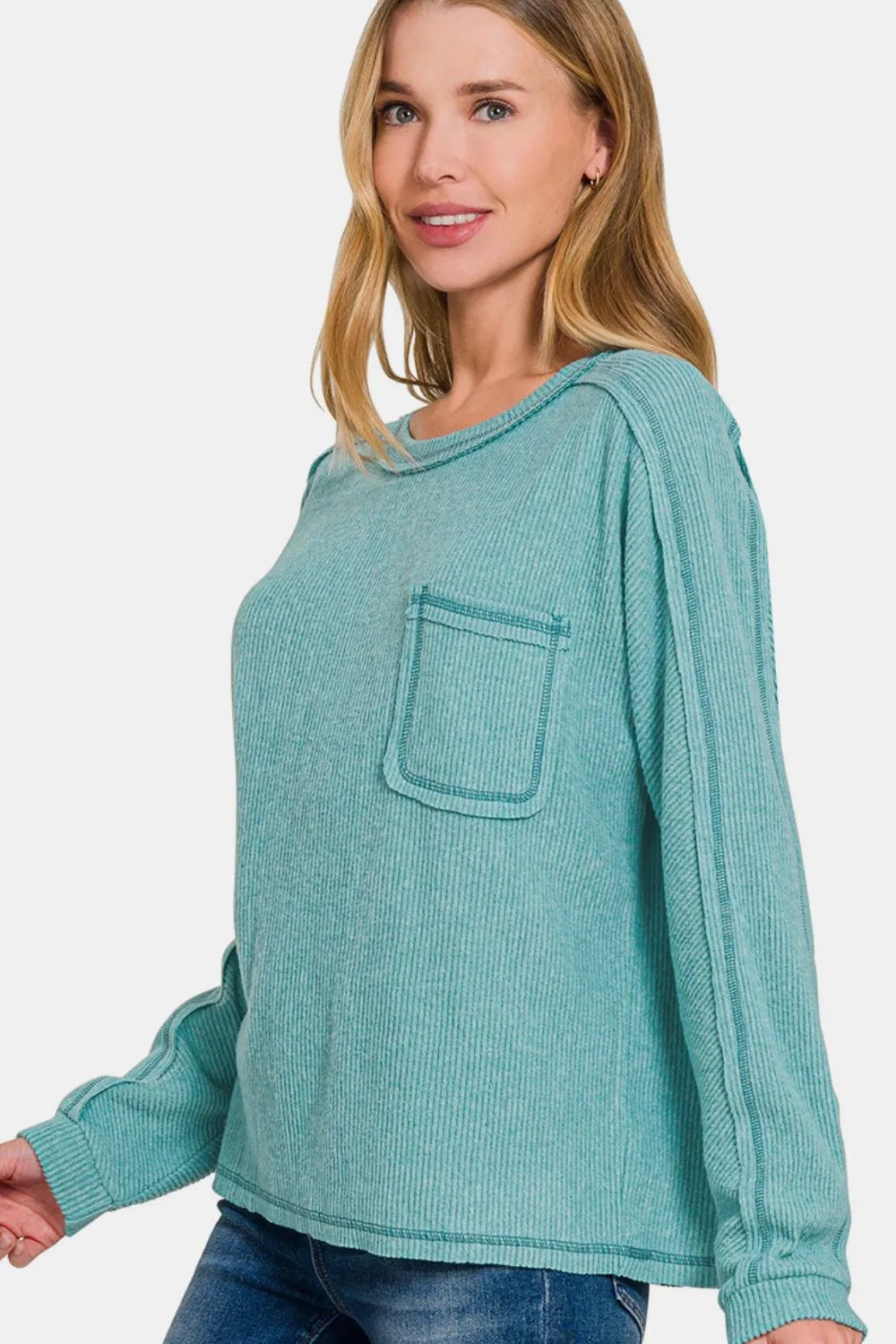Zenana Teal Contrast Stitching Brushed Ribbed Hacci Knit Top
