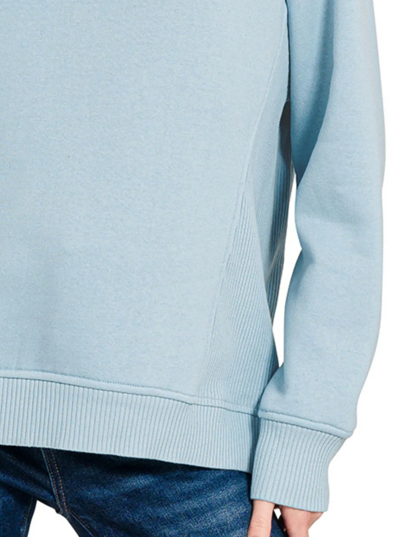 Zenana Ash Blue Fleece Round Neck Ribbed Side Raglan Sweatshirt