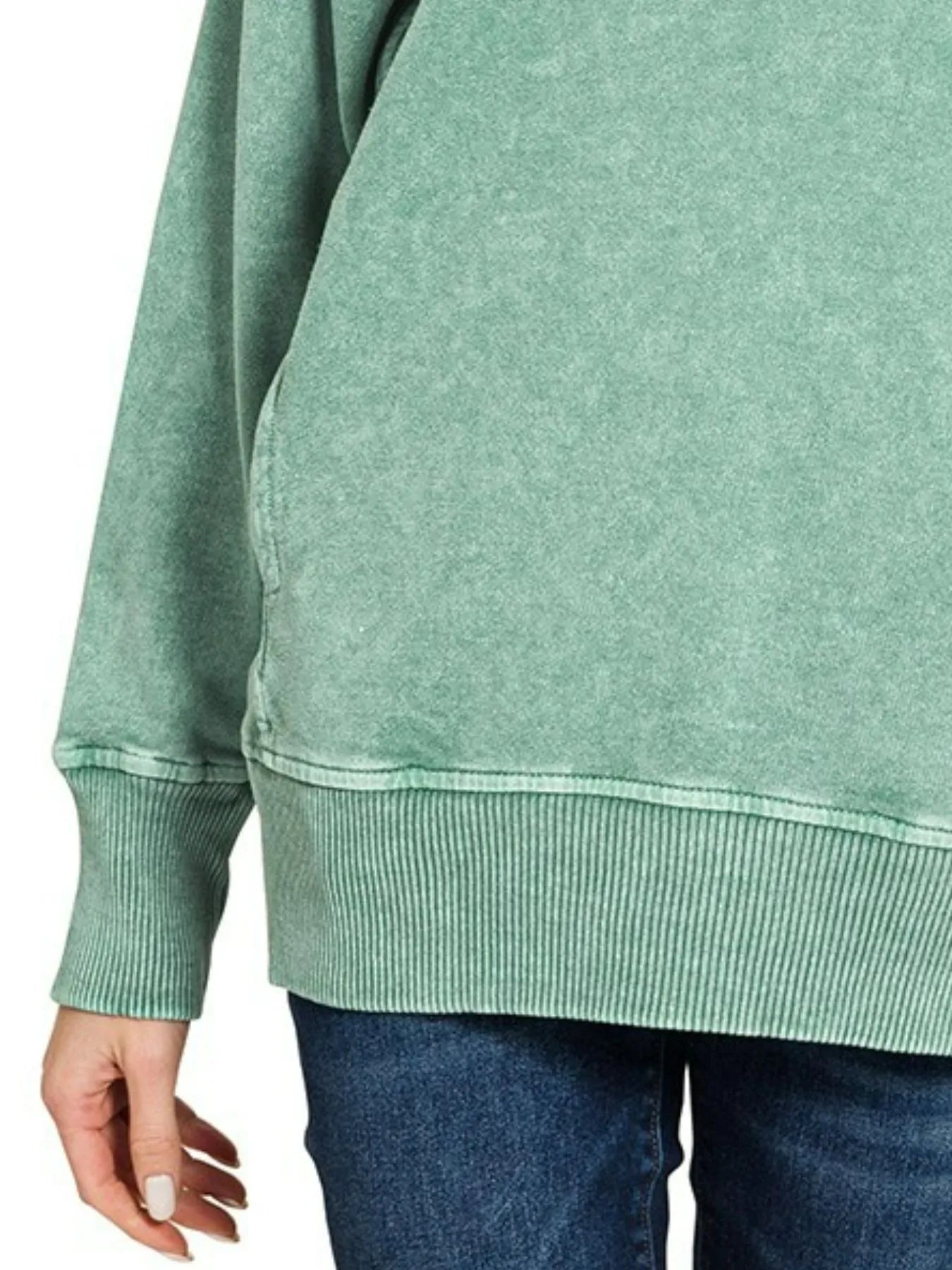 Zenana Dark Green Halo Snow Washed French Terry Round Neck Sweatshirt