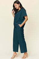 Double Take Quilted Textured Half Zip Short Sleeve Top and Pants Set Sets