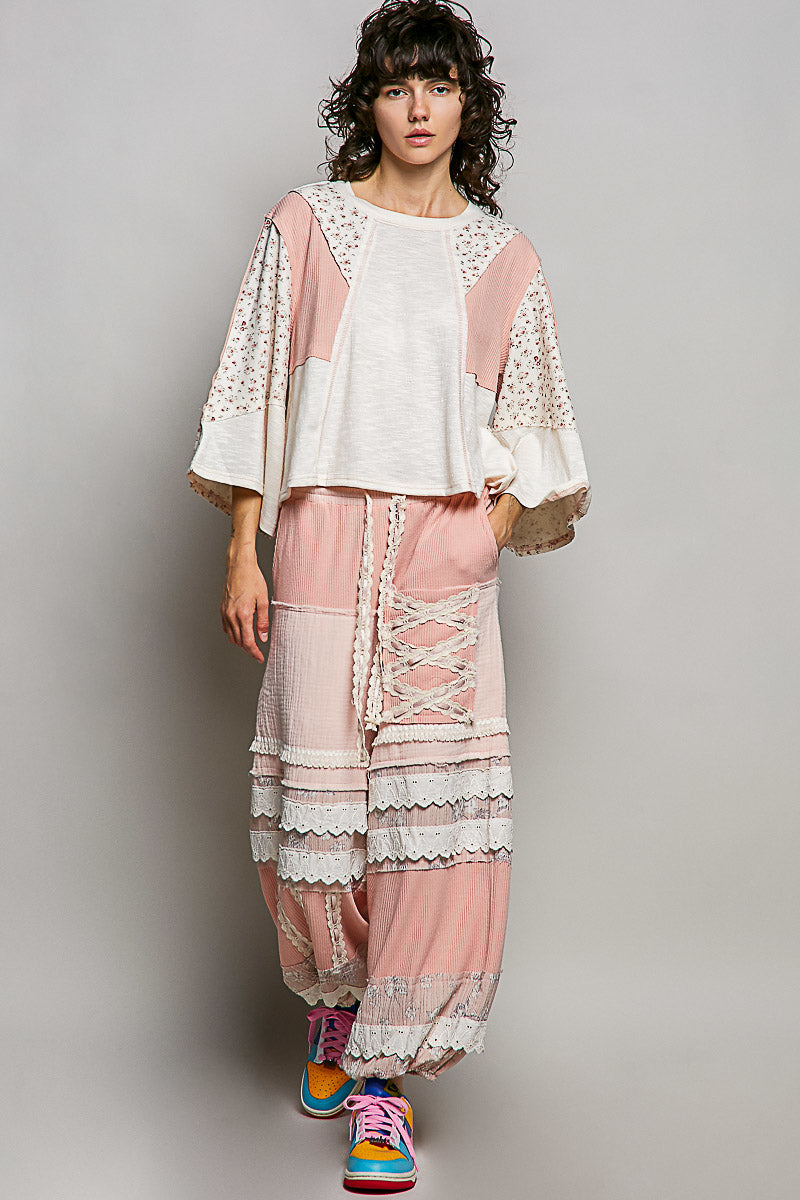 POL Natural Exposed Seam Floral Patchwork Round Neck Textured Slub Knit Top