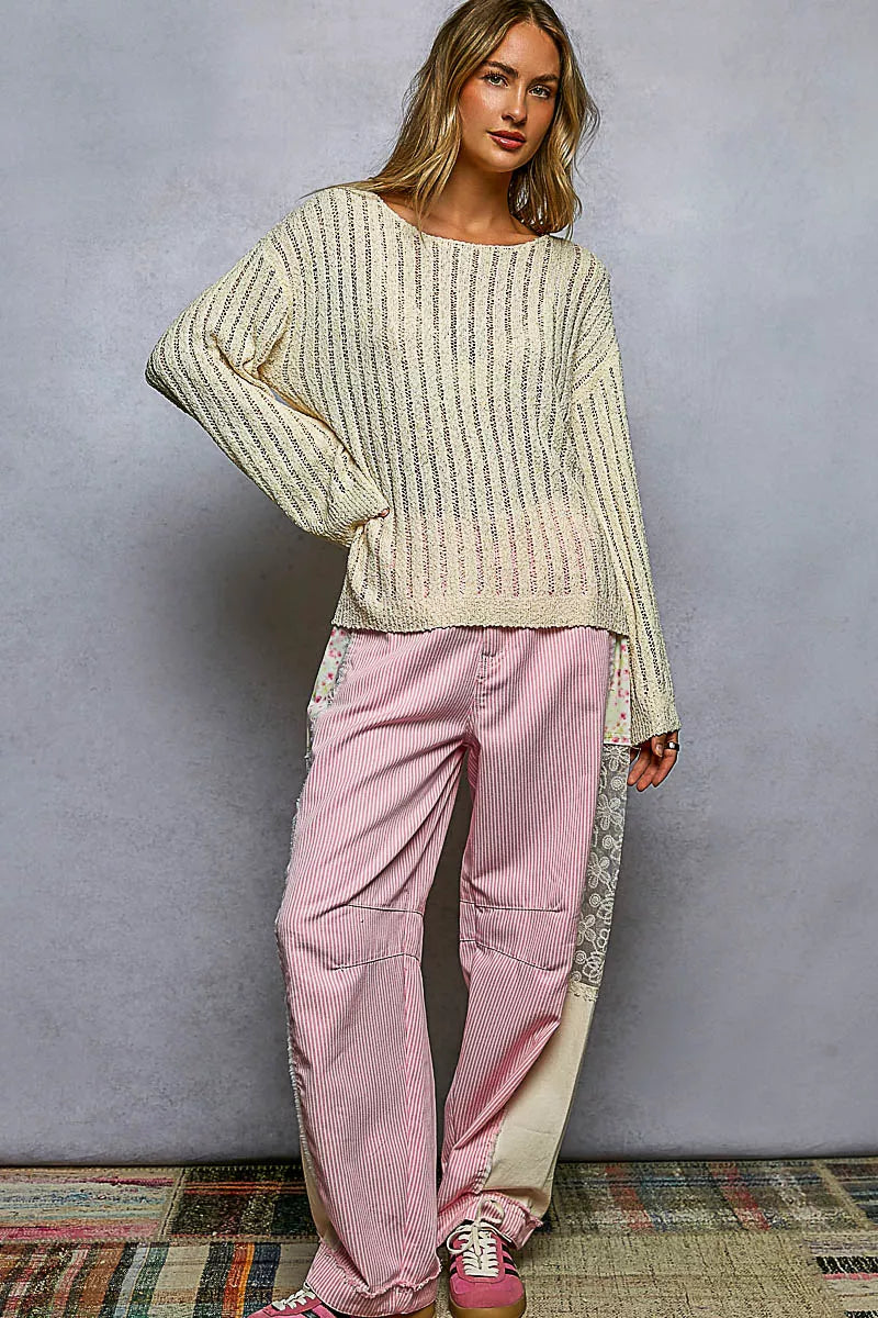 POL Natural Round Neck Long Sleeve Open Weave Sweater