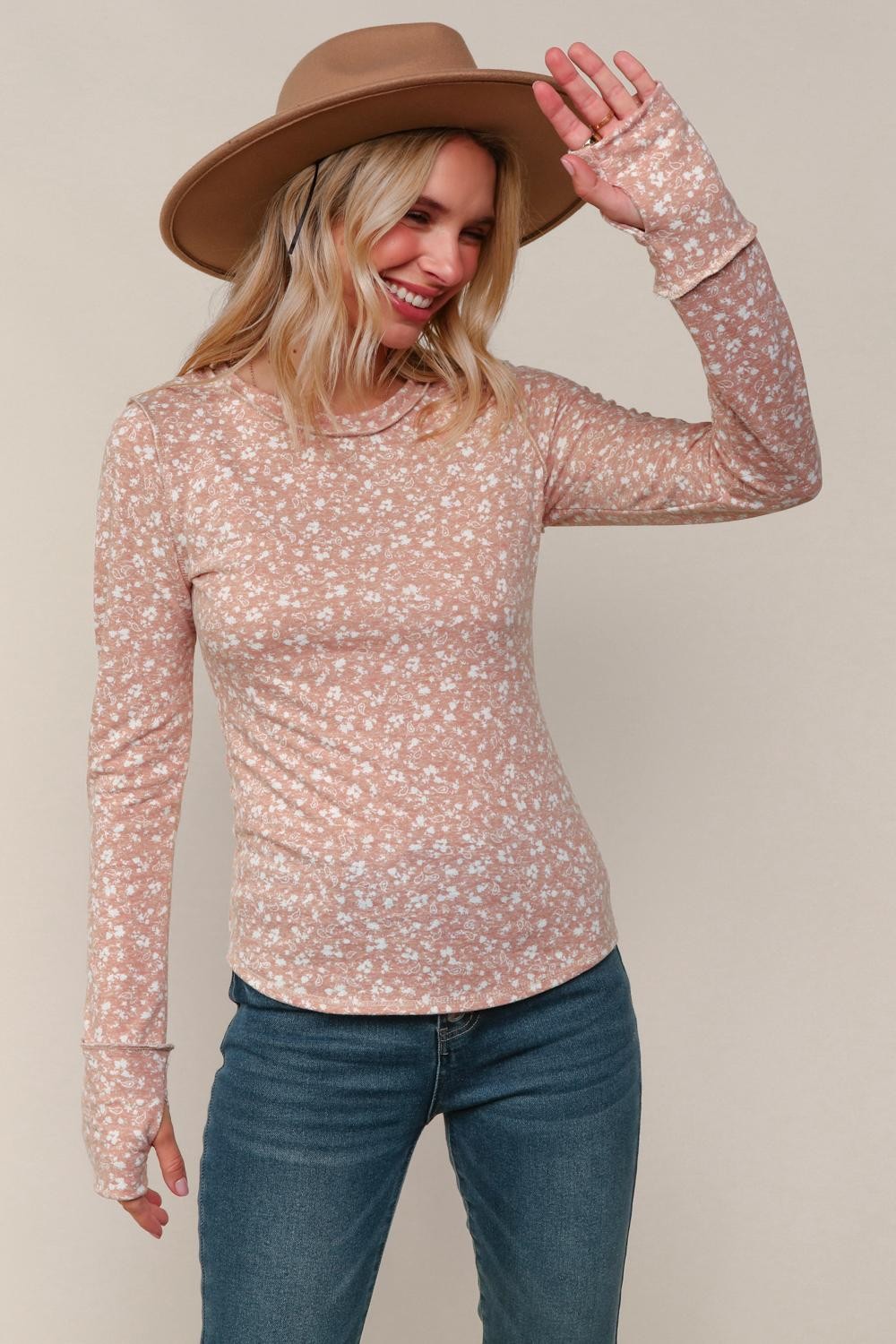 Haptics Floral Print Banded Long Sleeve Top with Thumbholes