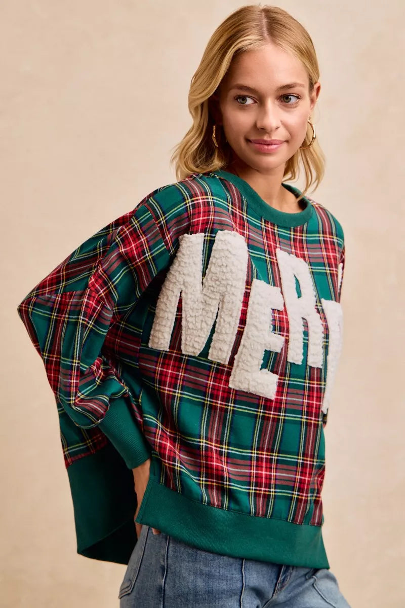 BiBi Merry Letter Patches Christmas Plaid Sweatshirt