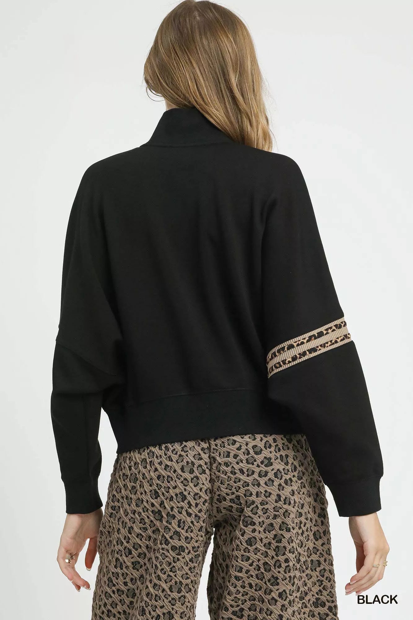 Umgee Black Zipper Up Cropped Jacket with Leopard Trim