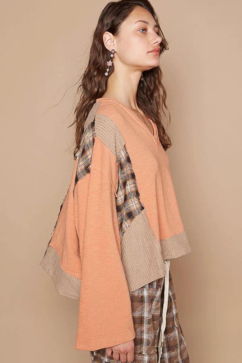POL Dried Papaya V-Neck Long Sleeve Plaid Contrast Top with Texture Knit Detail