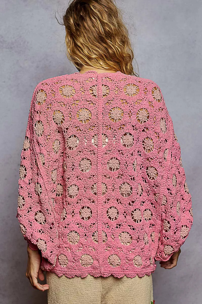 POL Pink & Blush Openwork V-Neck Chenille Cardigan with Contrast Floral