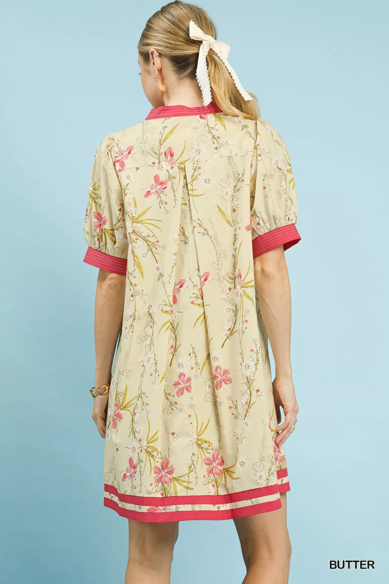 Umgee Butter Floral Puff Sleeve Dress with Contrast Trim