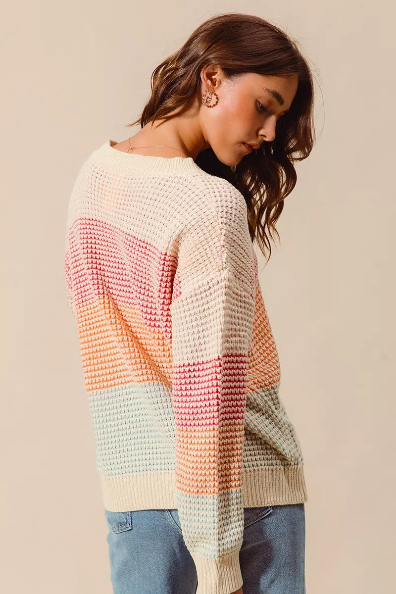 SO ME Oatmeal Combo Multi Color Block Long Sleeve Sweater