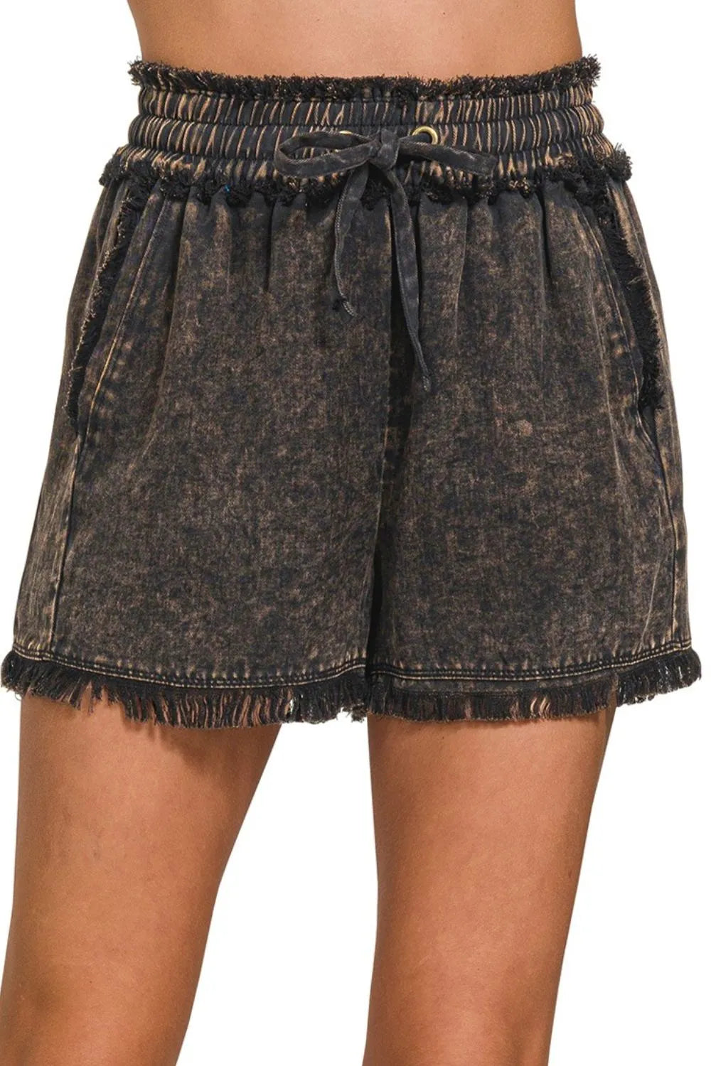 Zenana Ash Black Mineral Frayed Hem Washed Shorts ASH BLACK
