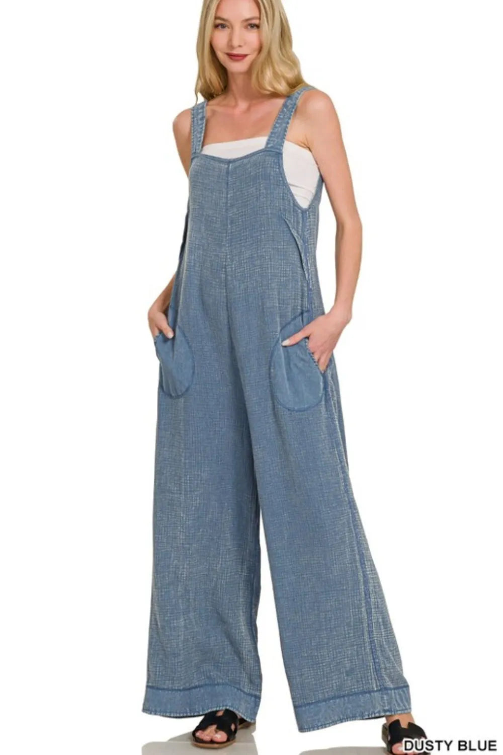 Zenana Dusty Blue Double Gauze Washed Wide Leg Overalls DUSTY BLUE