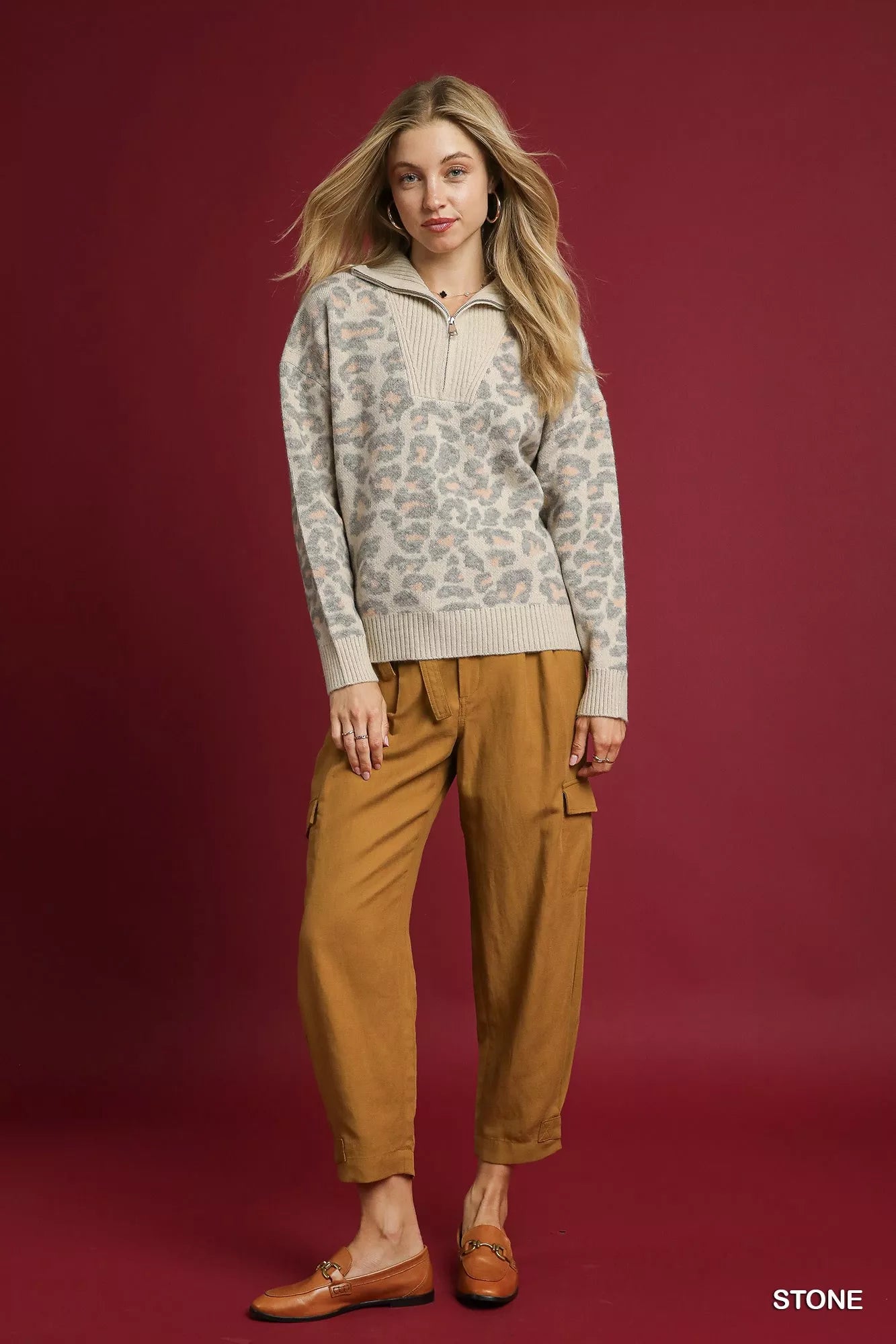 Umgee Stone Leopard Print Quarter-Zip Knit Sweater