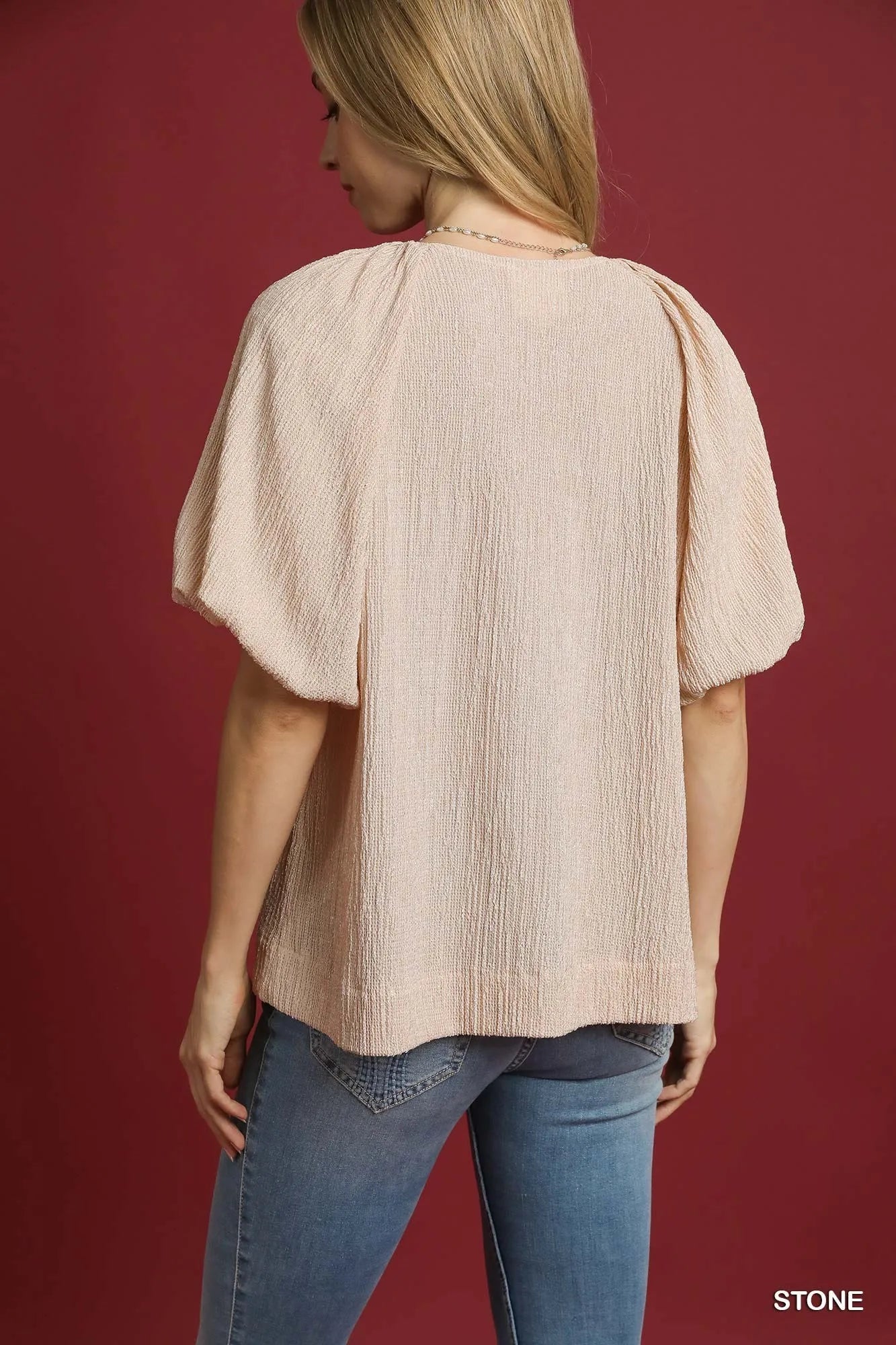 Umgee Textured Puff Sleeve Notched Blouse in Stone