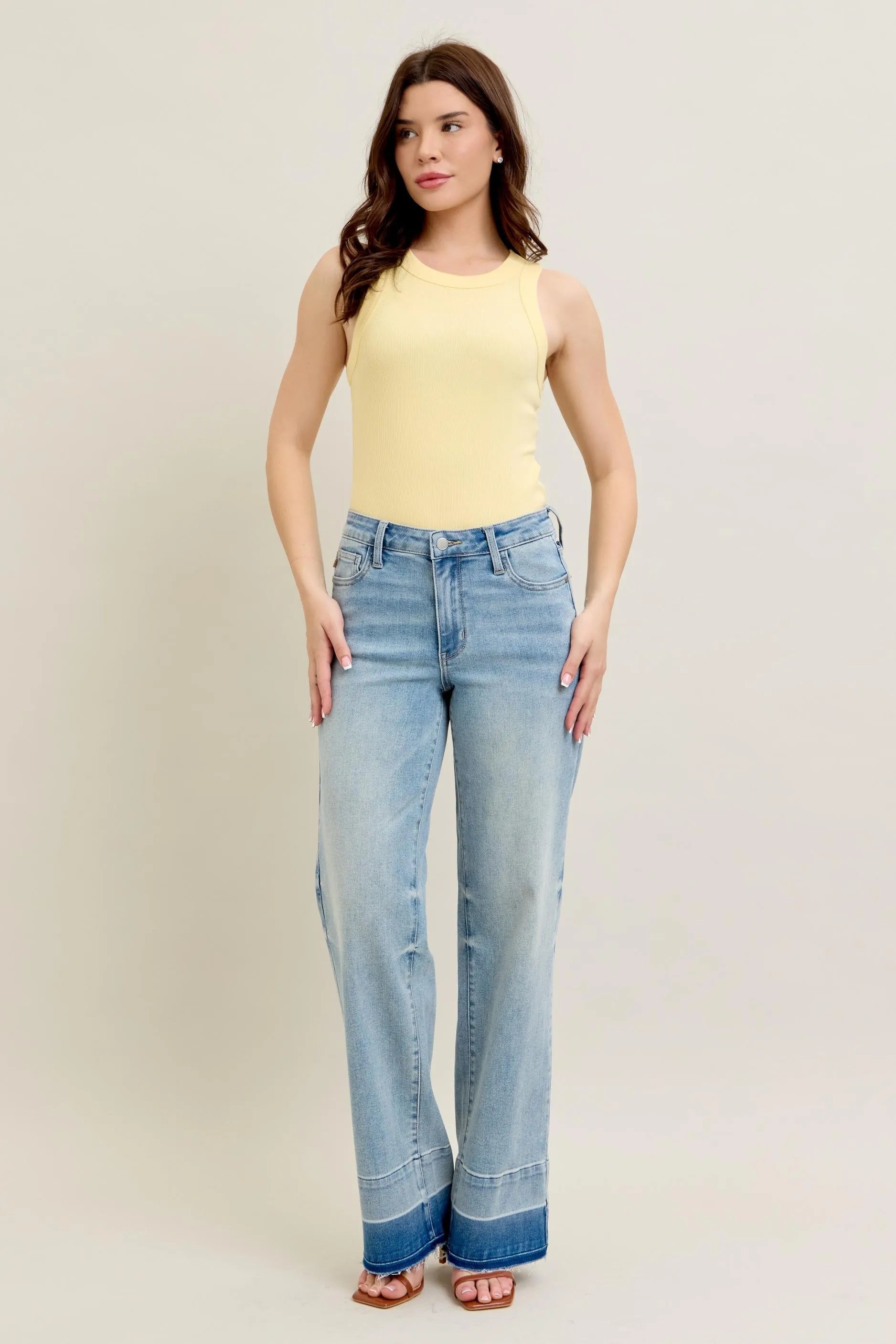 Judy Blue Light Washed Mid-rise Release Hem Wide Leg Jeans
