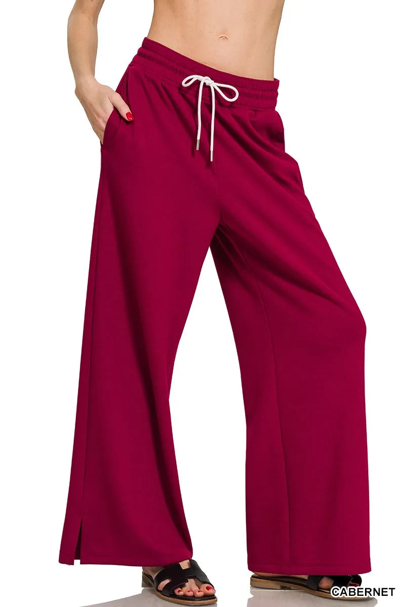 Zenana Cabernet Scuba Drawstring Wide Leg Pants