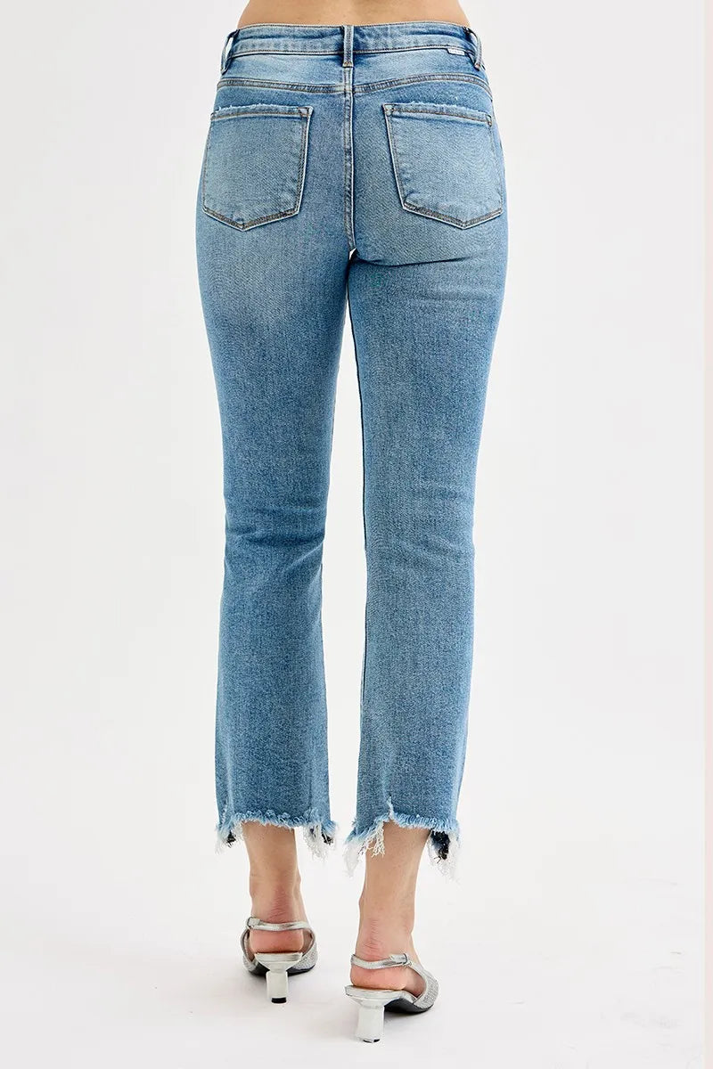 RISEN Medium Washed High Rise Frayed Hem Crop Straight Slim Jeans