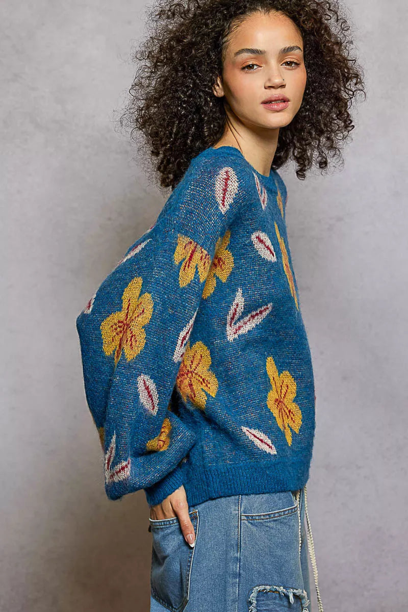 POL Lapis Blue Floral Pattern Round Neck Balloon Sleeve Sweater