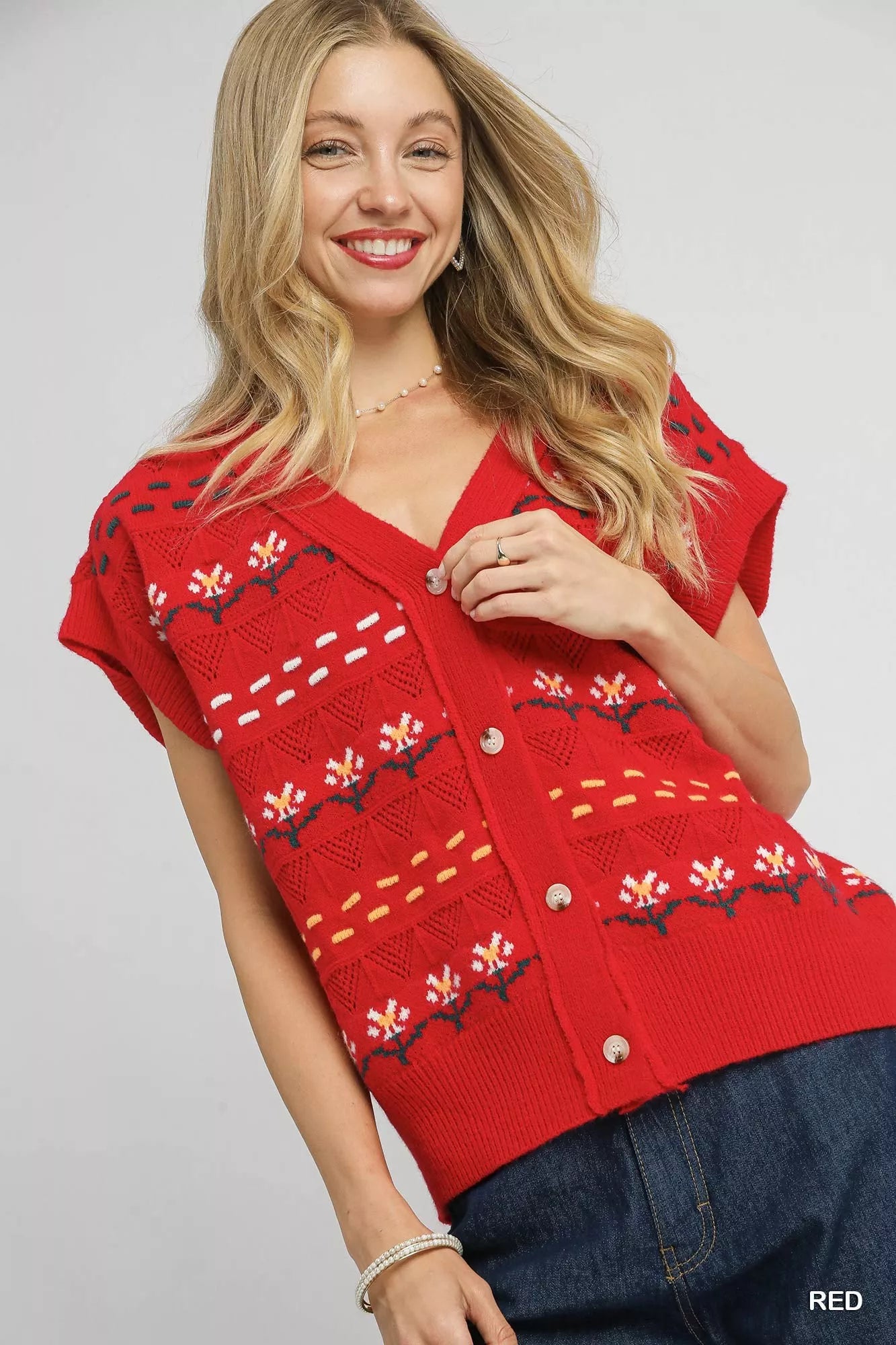 Umgee Red Button-Down Knit Vest with Floral Pattern Red