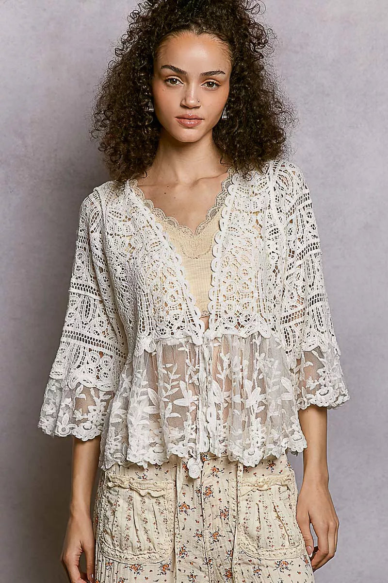 POL Floral Lace Short Sleeve Crochet Cardigan with Tassel Tie