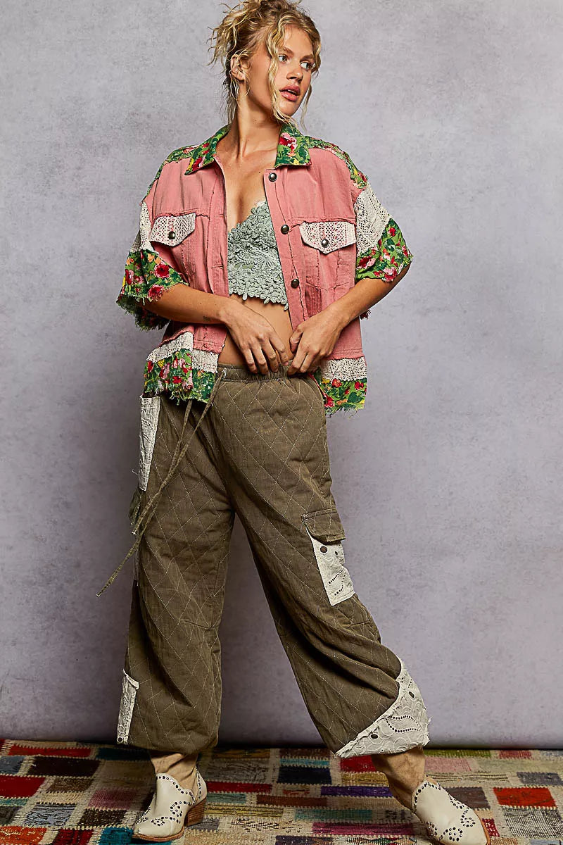 POL Guava Pink Multi Lace Patch Floral Half Sleeve Woven Jacket