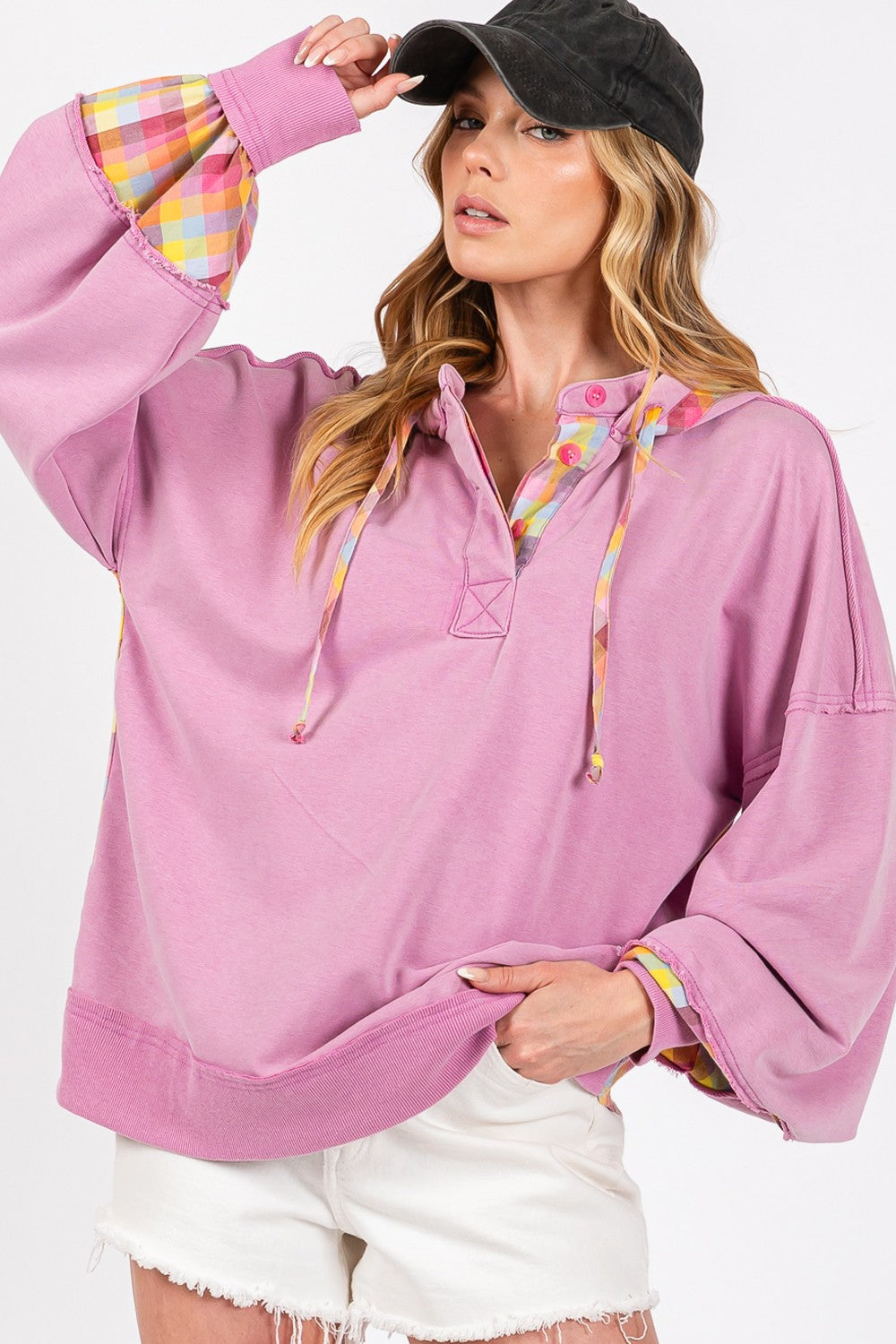 SAGE + FIG Lilac Plaid Print Washed Hoodie Shirts & Tops