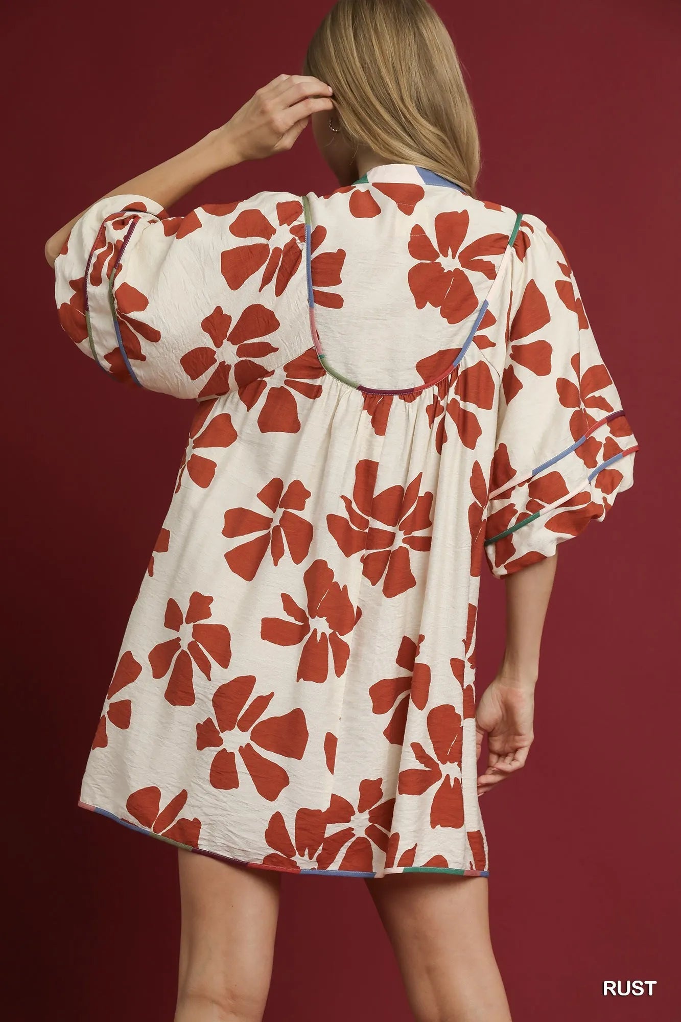 Umgee Two Tone Floral Tie-Neck Babydoll Dress in Rust