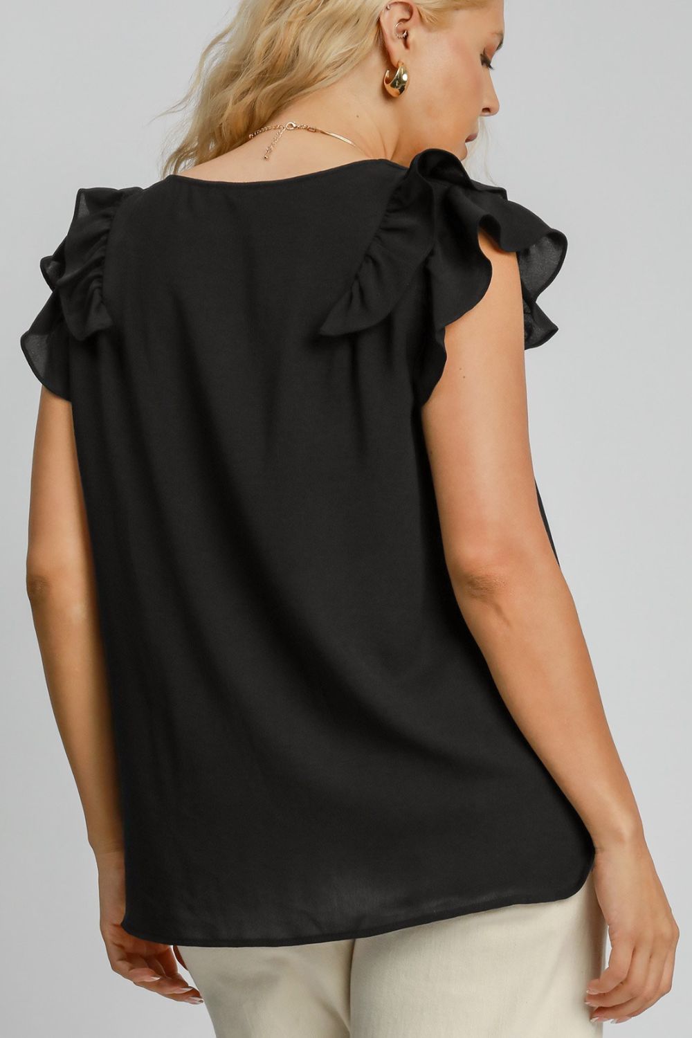 Umgee Black V-Neck Double Layered Ruffle Sleeve Blouse