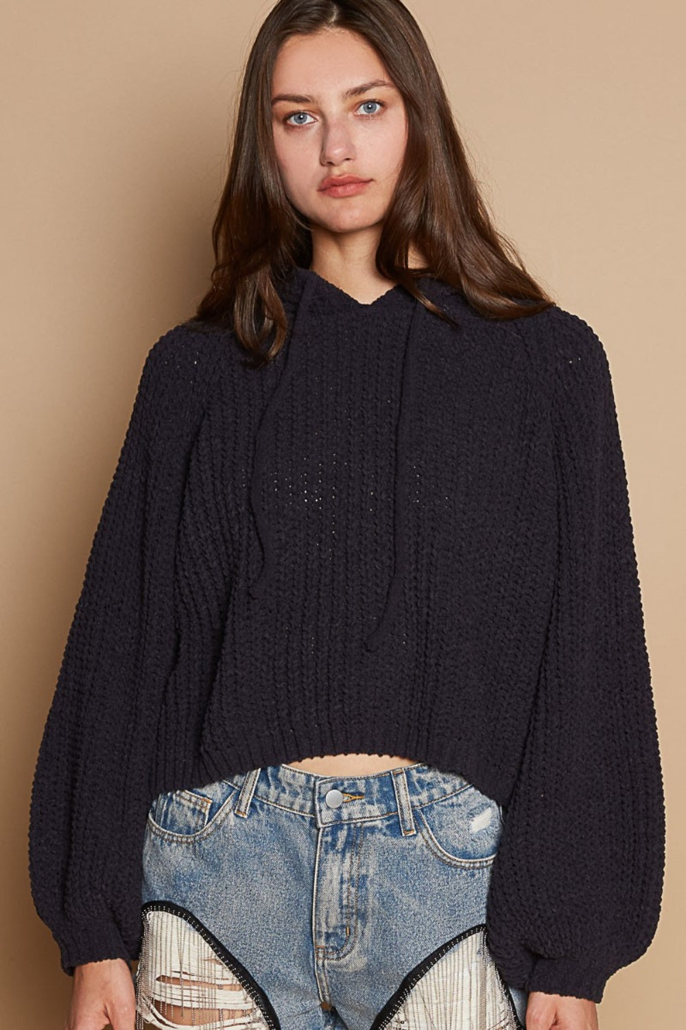 POL Back Open Slit Balloon Sleeve Crop Hooded Sweater Indigo Shirts & Tops