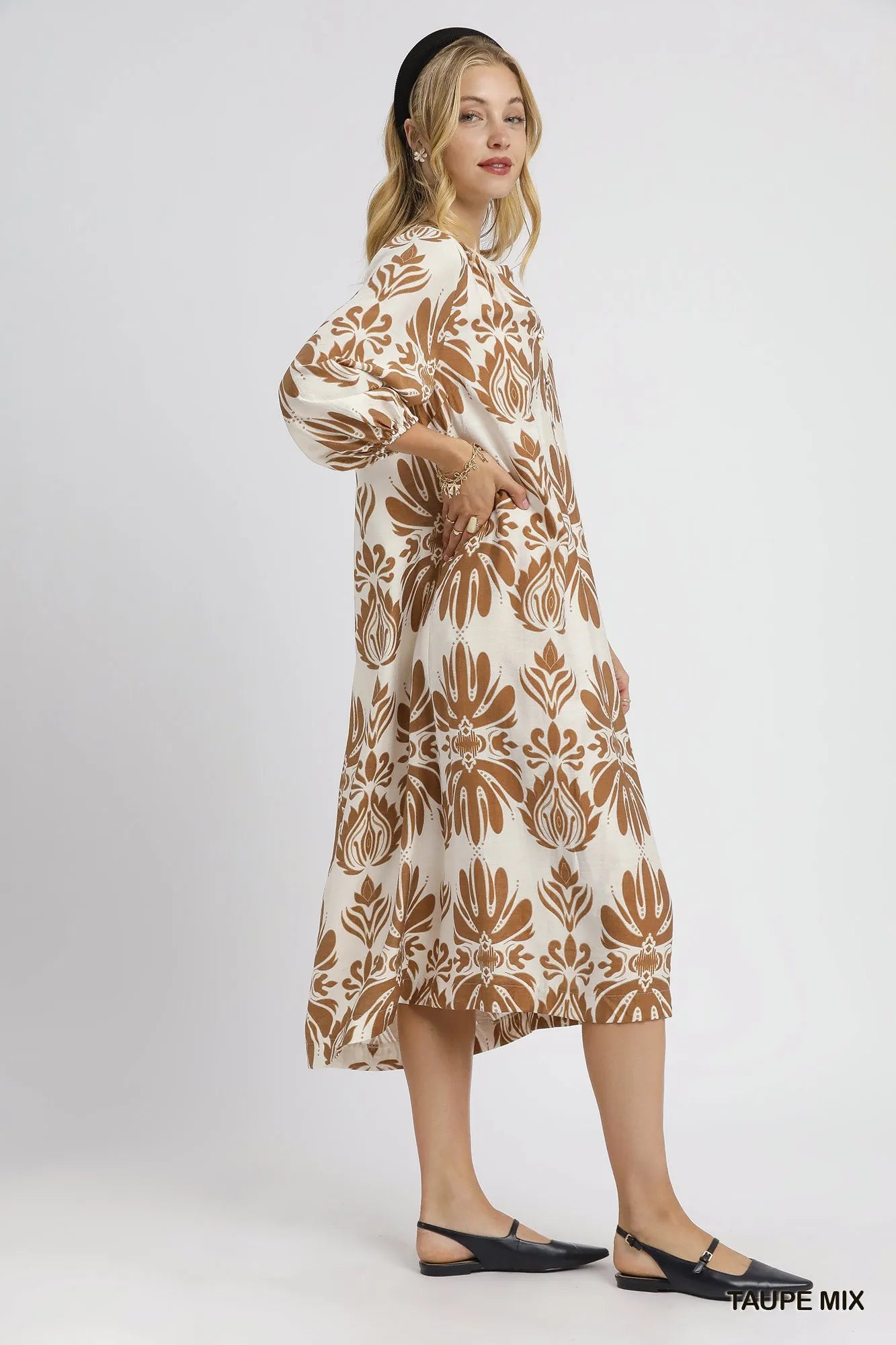 Umgee Taupe Mix Abstract Floral Print Midi Dress