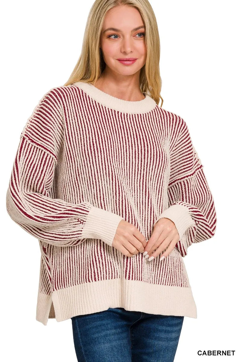 Zenana Cabernet Two Tone Crewneck Sweater
