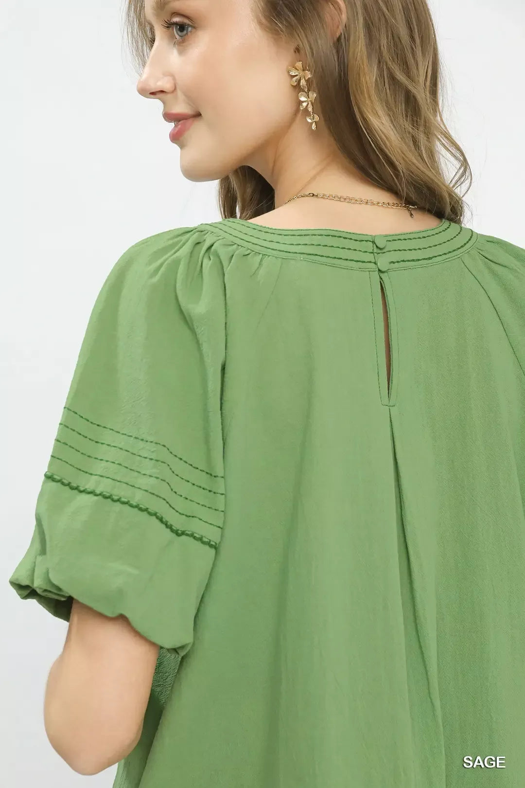 Umgee Sage Round Neck Puff Sleeve Top with Contrast Stitch Detail