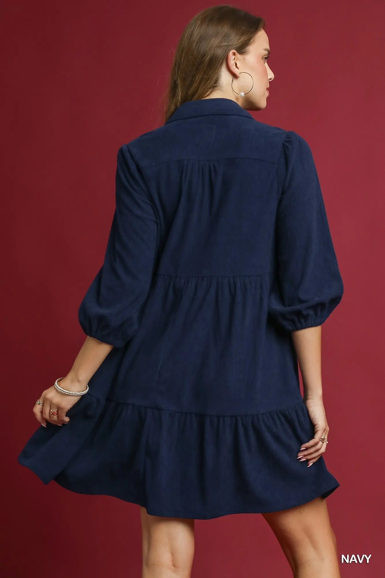 Umgee Navy Tiered Corduroy Mini Dress with Balloon Sleeves