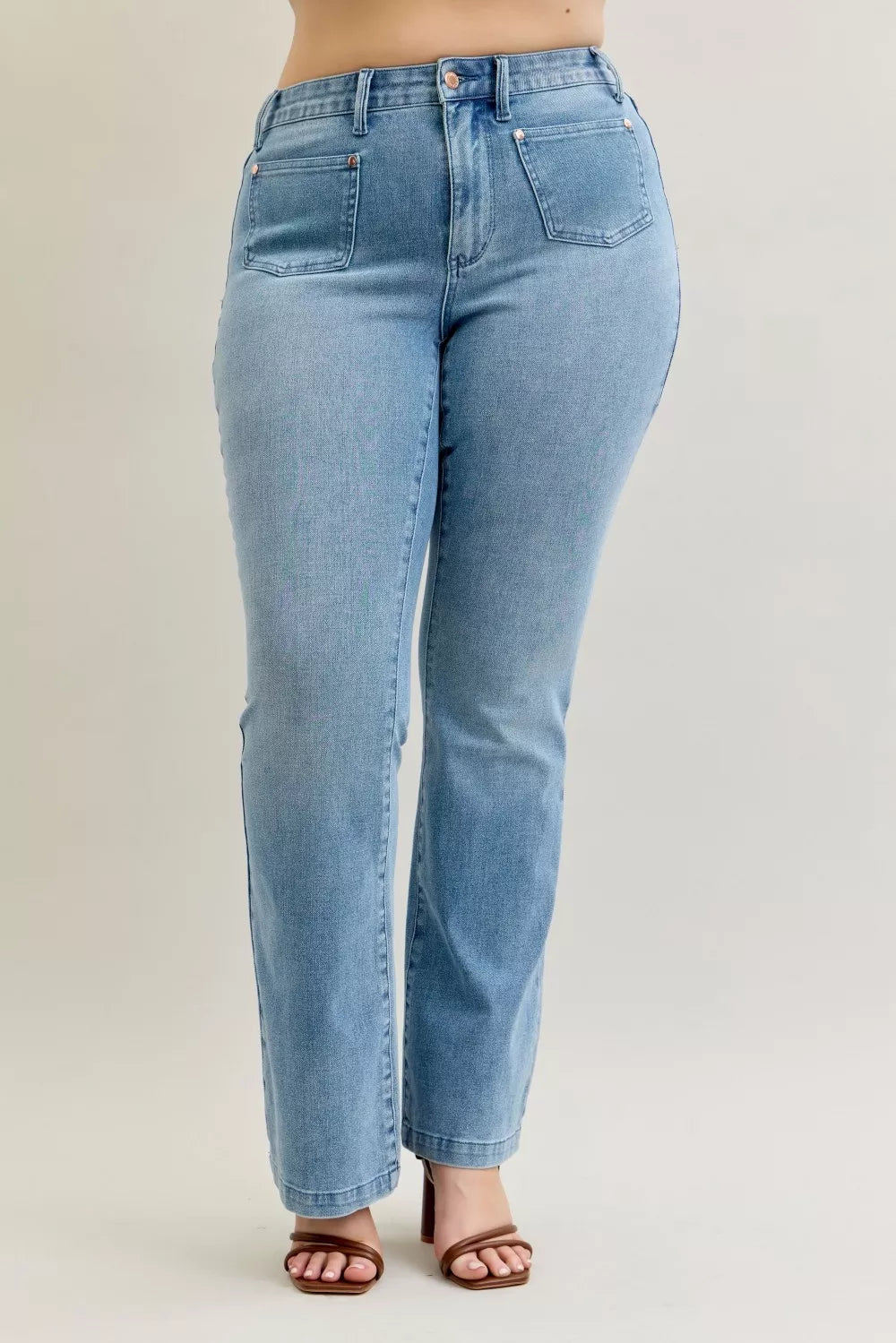 Judy Blue Medium Washed Mid Rise Bootcut Jeans with Contrast Wash & Front Patch Pockets