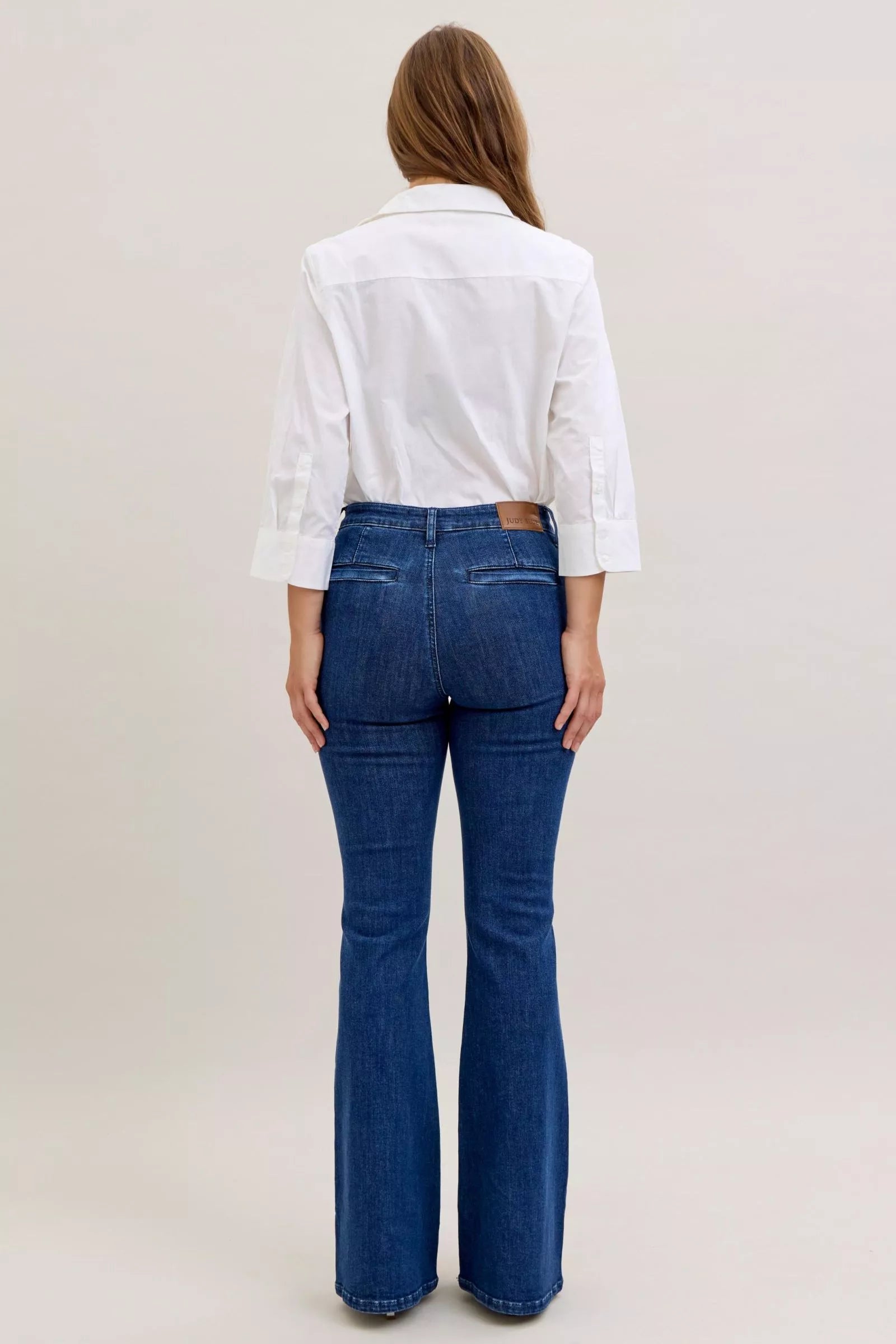 Judy Blue Dark Washed High Waist Flare Jeans with Front Patch Pockets