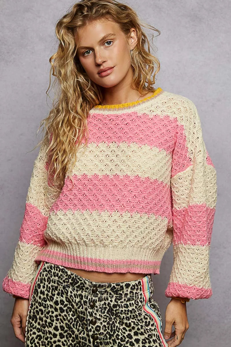 POL Pink Stripe Contrast Striped Round Neck Sweater with Textured Cable Knit Pattern