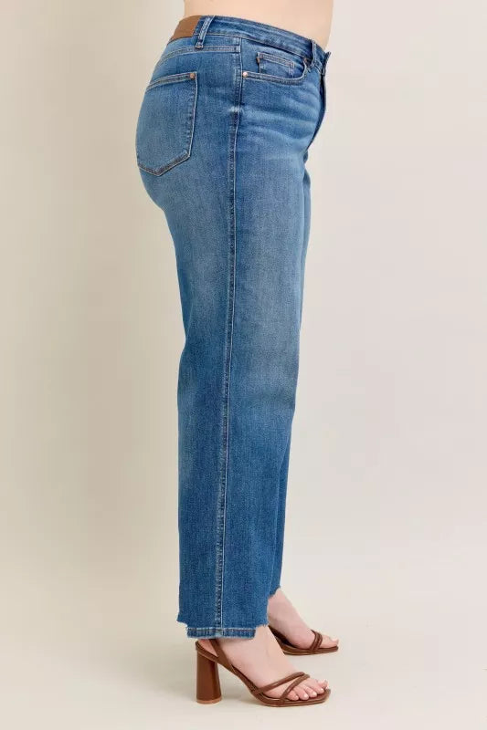 Judy Blue Medium Washed High Waist Tummy Control Chew Hem Destroyed Wide Jeans
